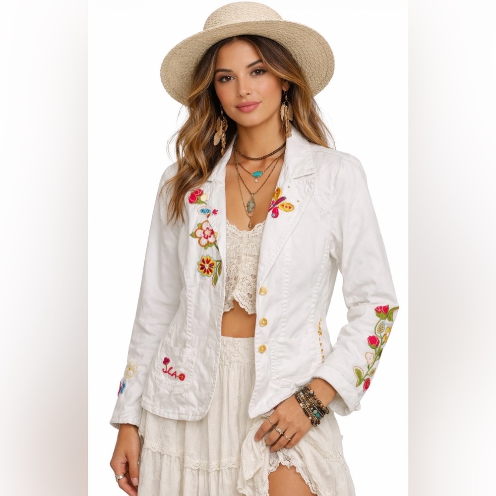 JOHNNY WAS White Floral Embroidered Boho Cottage Core Jacket L